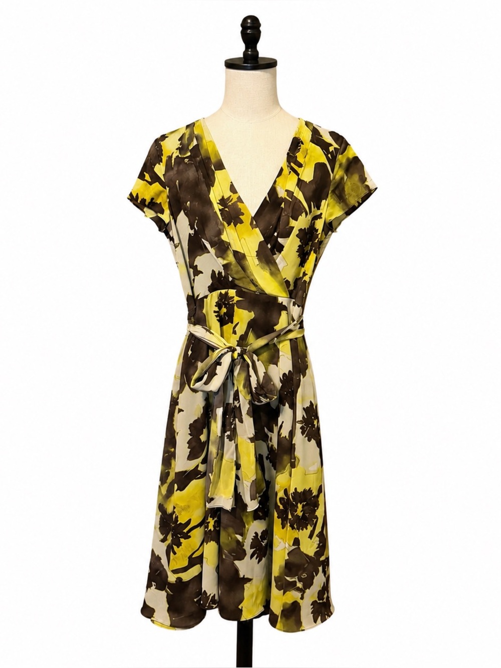 Jones New York Yellow and Brown Floral Wrap Midi Dress